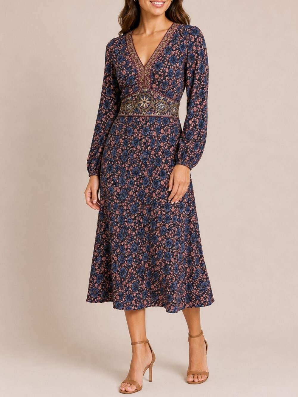 NKN Nekane Floral V-Neck Maxi Dress in Blue and Pink Medium